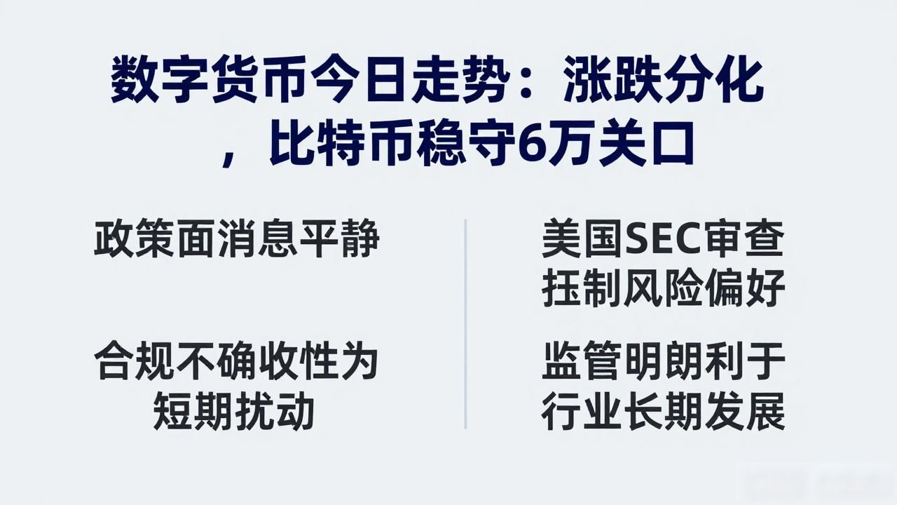 数字货币今日走势：涨跌分化，比特币稳守6万关口